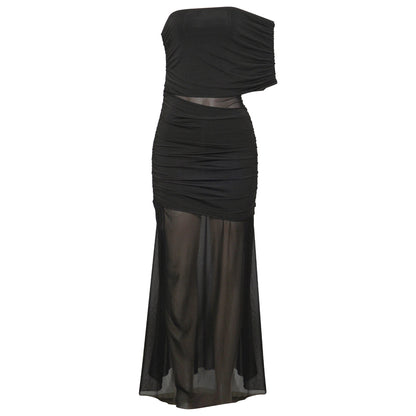 Spring Diagonal Collar Cold Shoulder Elegant Sexy Mesh Stitching Slim Dress by Ragazza