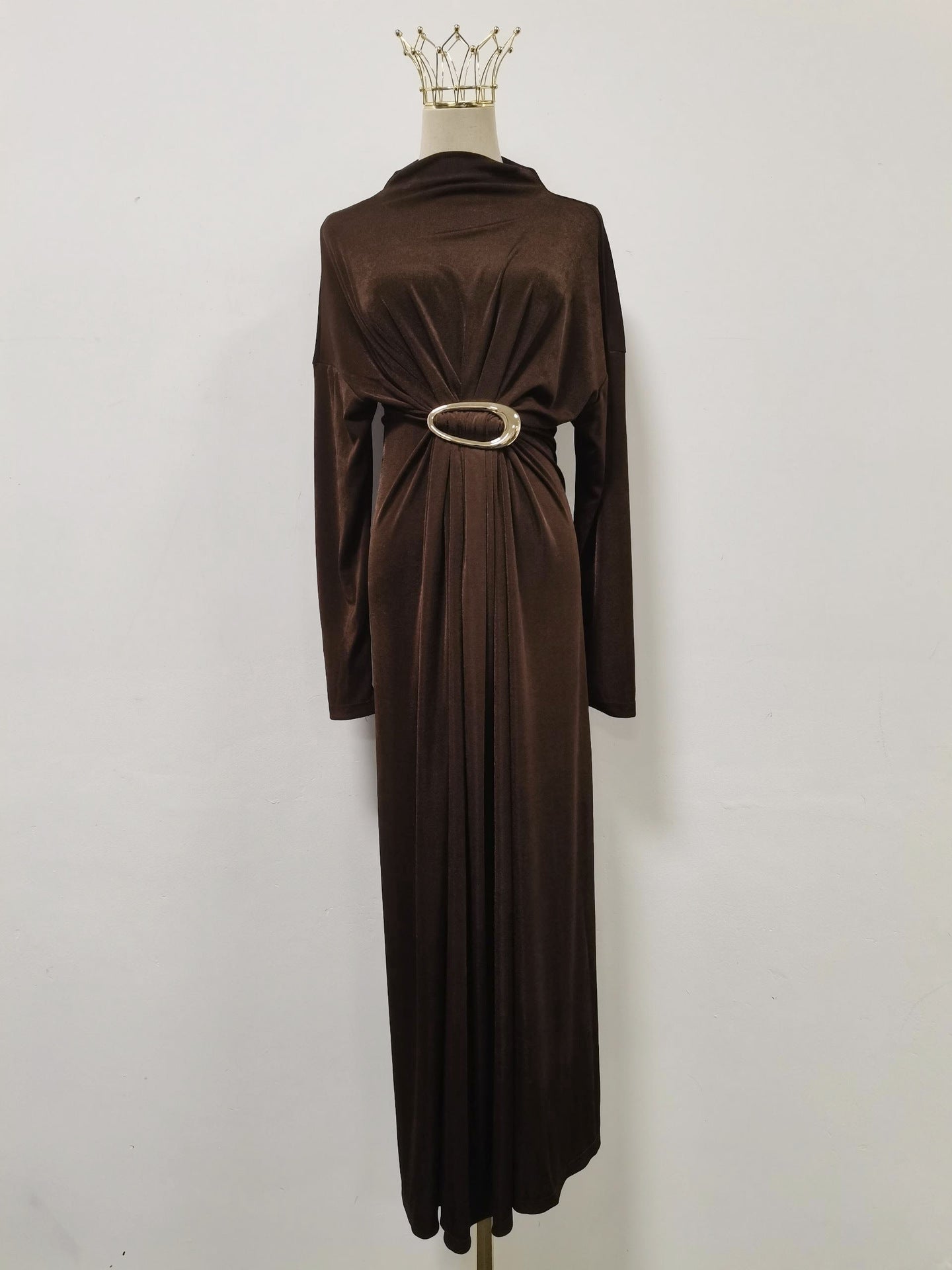 Fall Retro Metal Decorative Waist Slimming Half Turtleneck High Waist Maxi Dress for Women by Ragazza