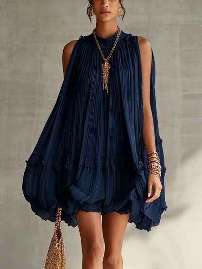 Sleeveless Pleated Dress Women Loose Big Hem A line Girl Dress Holiday Dress  DestGlow
