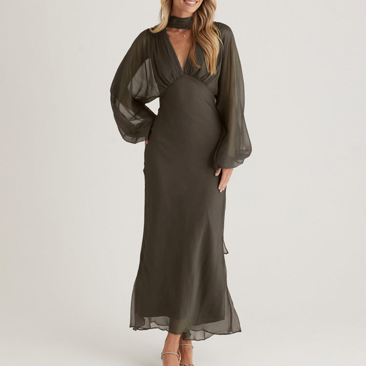 Elegant Women Clothing Autumn Design Pleated Dress Fashionable Scarf V neck Long Sleeve Narrow Maxi Dress by Ragazza