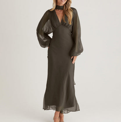 Elegant Women Clothing Autumn Design Pleated Dress Fashionable Scarf V neck Long Sleeve Narrow Maxi Dress by Ragazza