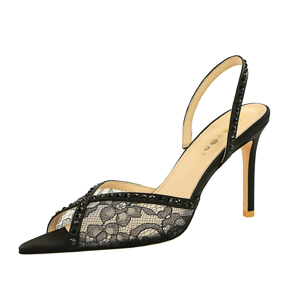Super High Heel Cocktail Sandals Rhinestone Embellished Lace Mesh Back Empty Back Strap Open Toe Women Shoes  DestGlow