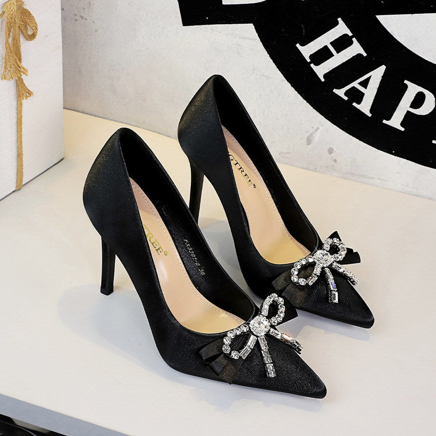 French Elegant Rhinestone Bow Super High Heel Women Shoes Pointed Toe Shallow Mouth Stiletto Heel Pumps