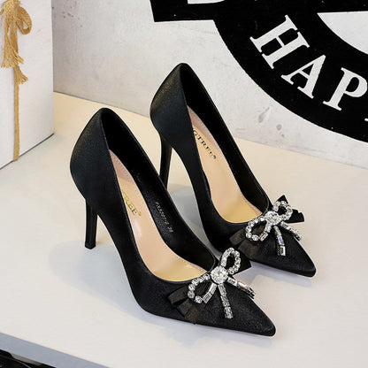 French Elegant Rhinestone Bow Super High Heel Women Shoes Pointed Toe Shallow Mouth Stiletto Heel Pumps