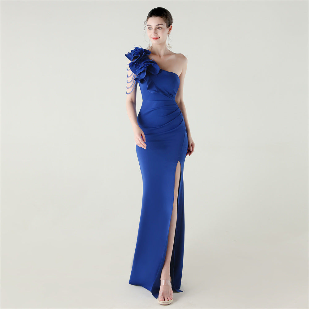 Single Shoulder Craft Beaded Nail Hair Wave Floral Satin High Slit Sexy Evening Dress Evening Cocktail Wedding by Ragazza