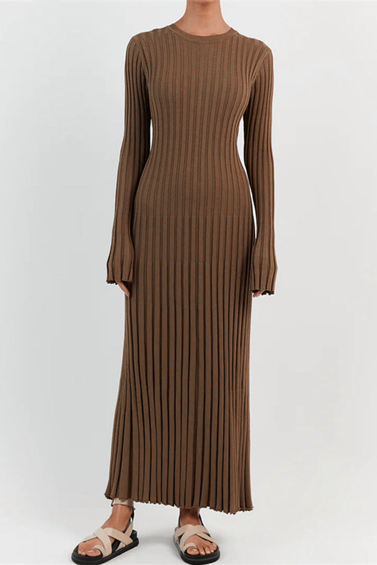 Long Sleeve Round Neck Tight Knitted Dress Autumn Sweater Dress Sunken Stripe Solid Color Base Dress by Ragazza