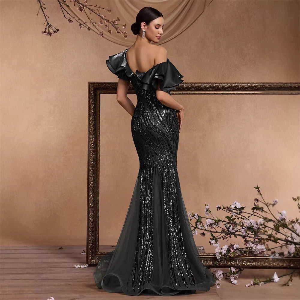 Elegant Ruffle Sleeve Sequin Elegant Cocktail Party Dinner Dress Backless Luxury Fishtail Graduation Evening by Ragazza