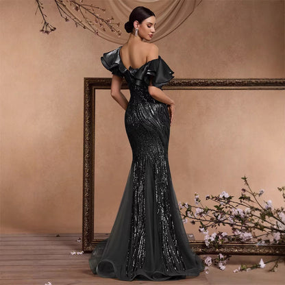 Elegant Ruffle Sleeve Sequin Elegant Cocktail Party Dinner Dress Backless Luxury Fishtail Graduation Evening by Ragazza