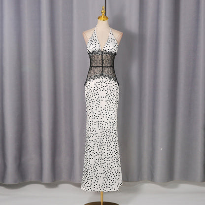 High Grade Elegant Polka Dot Lace Patchwork Waist Slimming Halter Sexy Dress Women by Ragazza