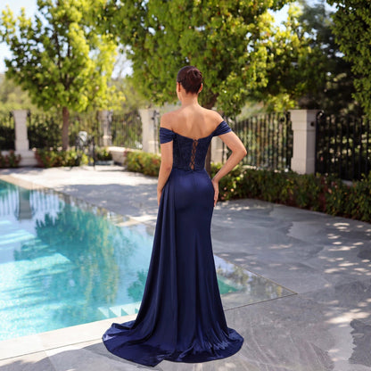 Navy Blue off-Shoulder Tube Top Boning Corset Lace Waist Dress High Slit Trailing Cocktail Host Evening Dress  DestGlow
