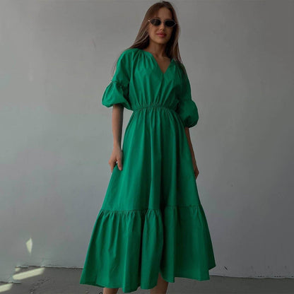 V neck Dress Office High Waist French Half Sleeve A line Dress Women Casual Dress Summer by Ragazza