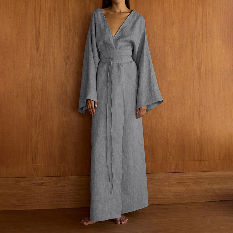 Casual Cross Design Lace up Dress Women V neck Long Sleeve Split High Waist Maxi Dress by Ragazza
