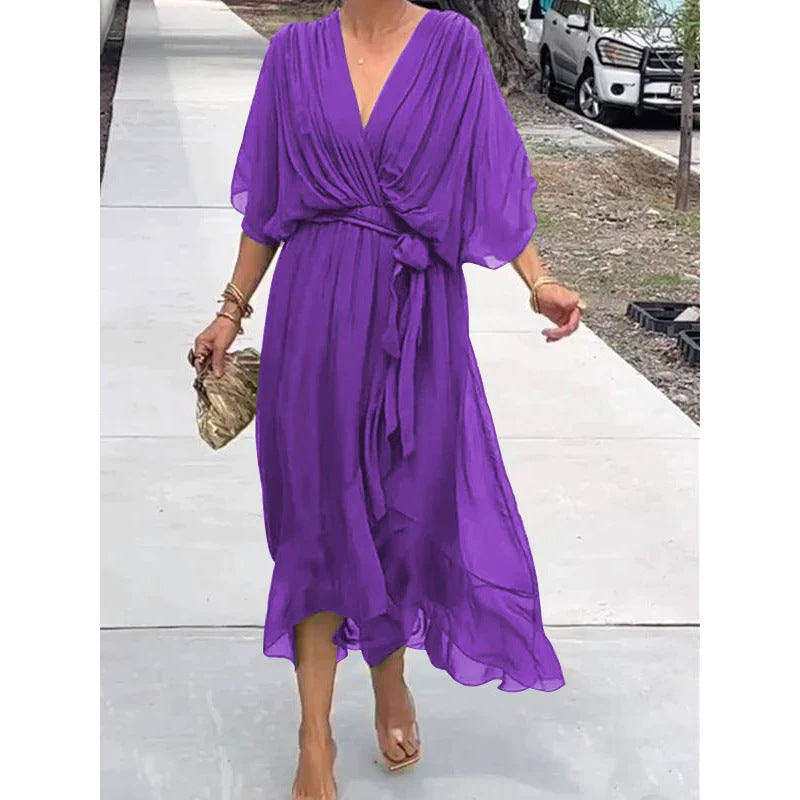 Women Clothing Solid Color Tied Maxi Dress Batwing Sleeve Irregular Asymmetric Dress by Ragazza