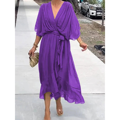 Women Clothing Solid Color Tied Maxi Dress Batwing Sleeve Irregular Asymmetric Dress by Ragazza