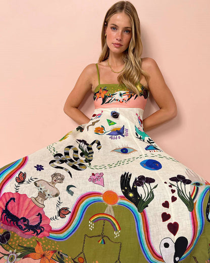 Sexy Women Clothing Cotton Linen Sleeveless Graffiti Printing Sleeveless Swing Dress Amplified craft by Ragazza