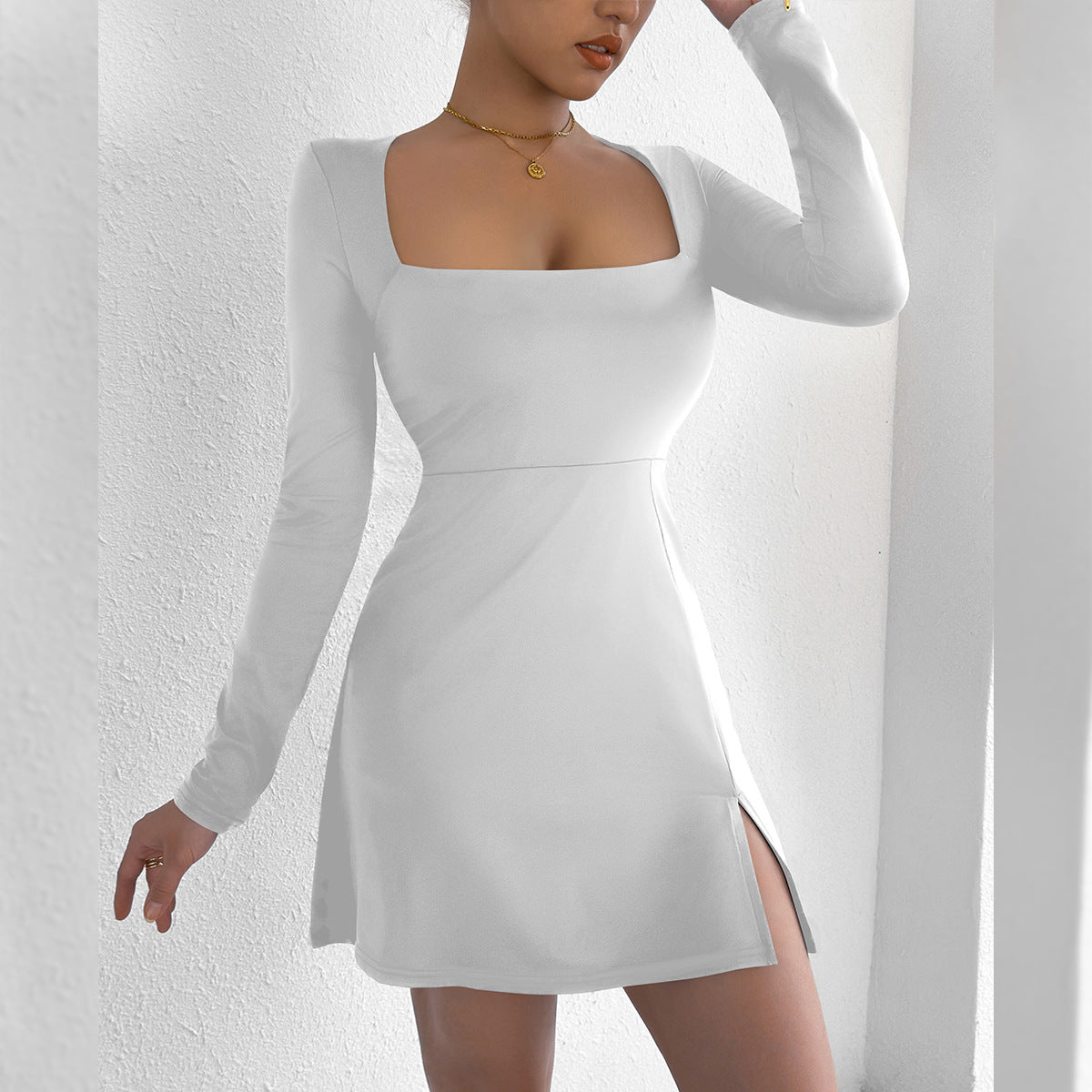 Women Clothing Square Collar Tight Long Sleeve Slit Flared Mini Sexy Dress by Ragazza