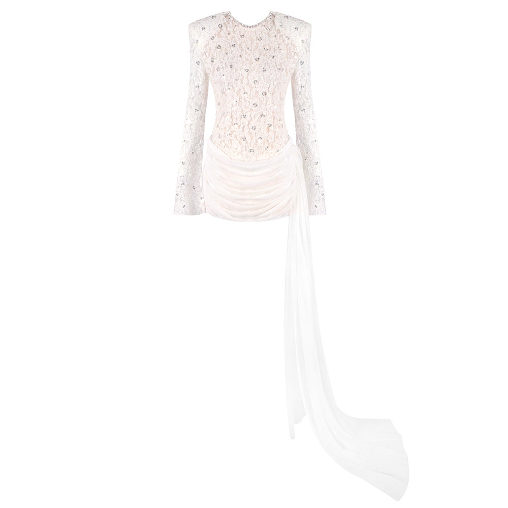 Women Clothes Summer Sexy round Neck Lace Stitching Long Sleeve Slim Fit Beaded Dress by Ragazza