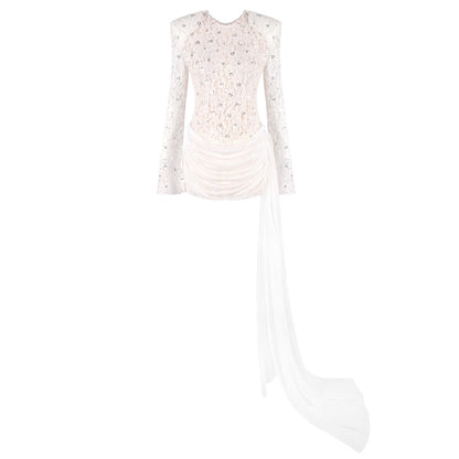 Women Clothes Summer Sexy round Neck Lace Stitching Long Sleeve Slim Fit Beaded Dress by Ragazza