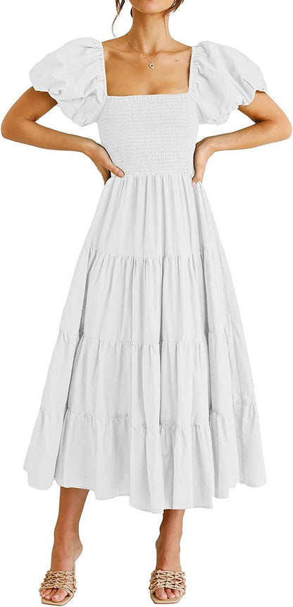 Summer Women Clothing Square Collar Backless Puff Sleeve Pleated Short Sleeves Dress by Ragazza