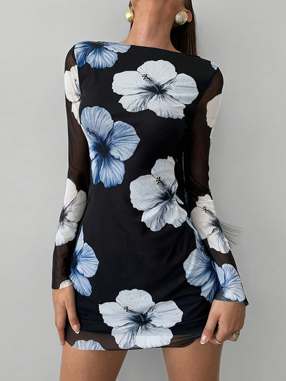 Printed Long Sleeve Dress Women Clothing Seaside Vacation Slim Floral Pattern round Neck Short Dress  DestGlow