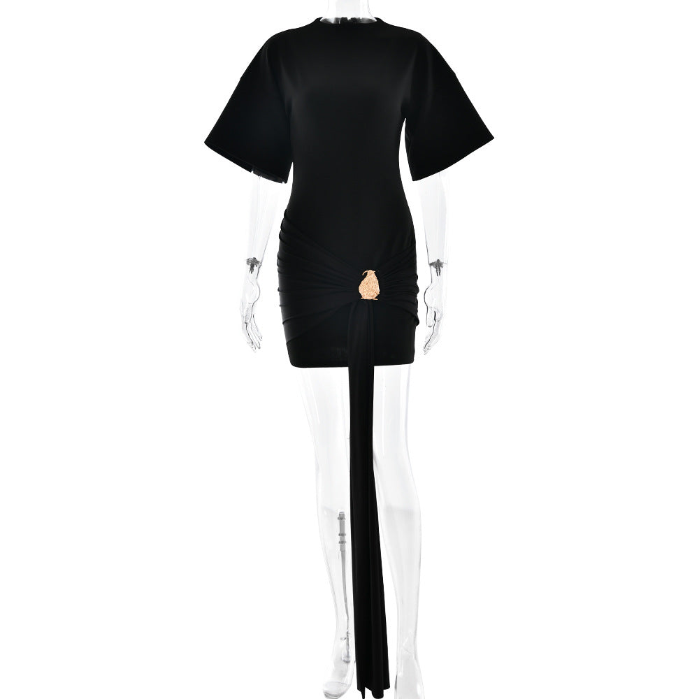 Solid Color round Neck Hip Dress Sexy Waist Trimming Half Sleeve Ribbon Pleated Dress by Ragazza
