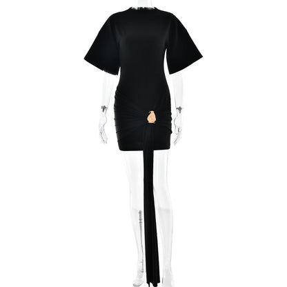 Solid Color round Neck Hip Dress Sexy Waist Trimming Half Sleeve Ribbon Pleated Dress by Ragazza