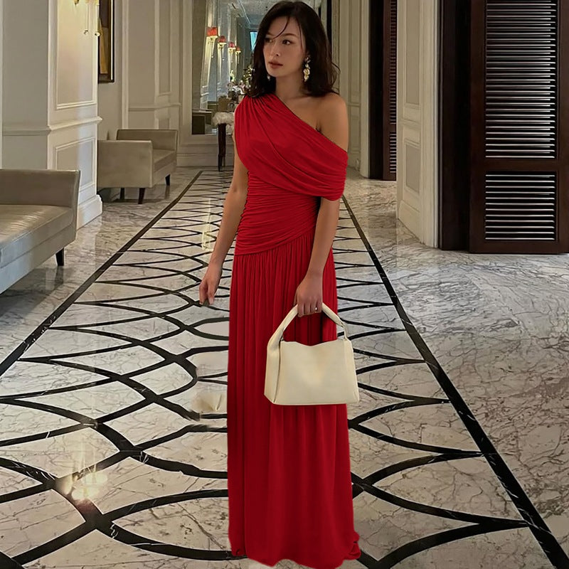 Women Clothing Spring Arrival Fashionable Sexy Diagonal Collar Pleated Asymmetrical Solid Color Dress  DestGlow