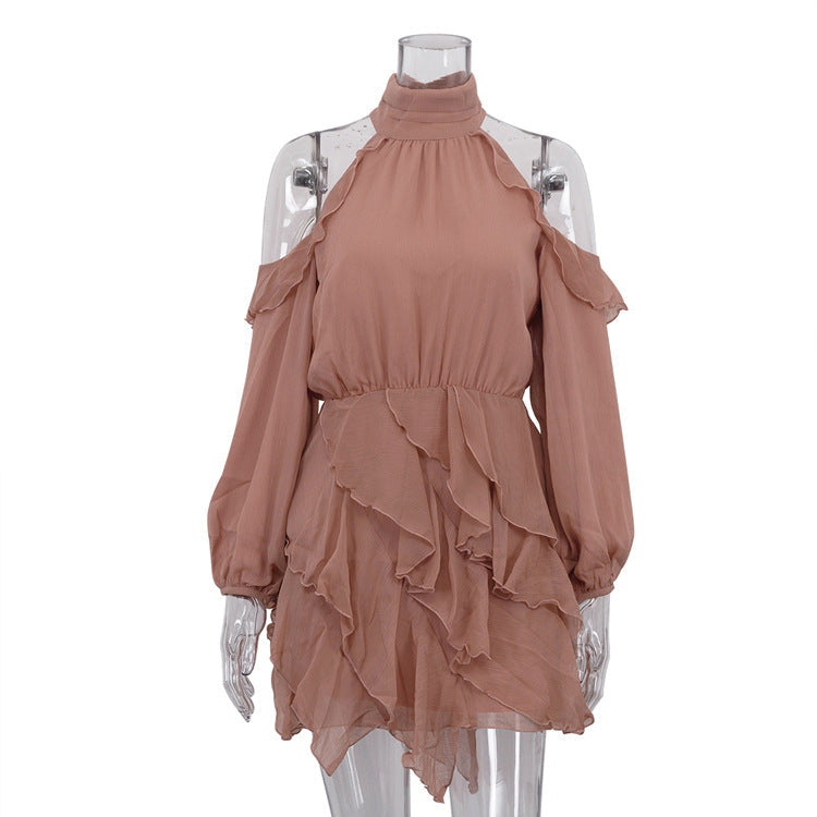 Elegant Chiffon Dress Women Halter Off the Shoulder Long Sleeve High Waist A line Dress by Ragazza