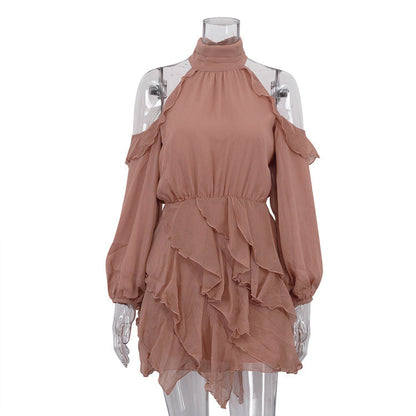 Elegant Chiffon Dress Women Halter Off the Shoulder Long Sleeve High Waist A line Dress by Ragazza