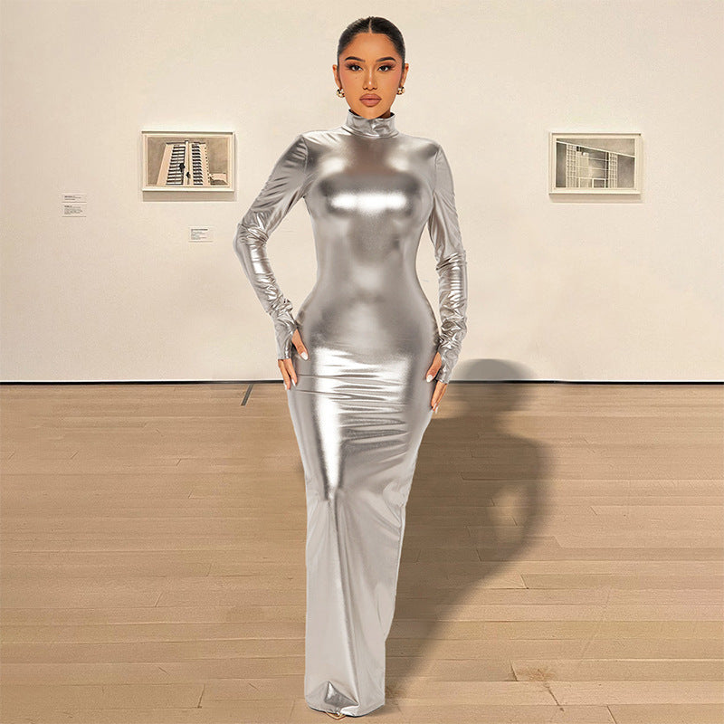 Autumn Winter Metallic Sexy Backless Skinny Slimming Slim Dress Women Metallic Coated Fabric Dress by Ragazza