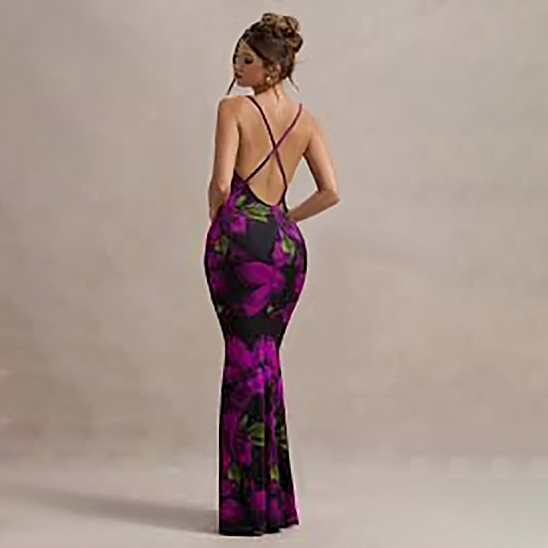 Women Dress Floral Print Cross Shoulder Strap Backless Slim Fit Inner Dress by Ragazza