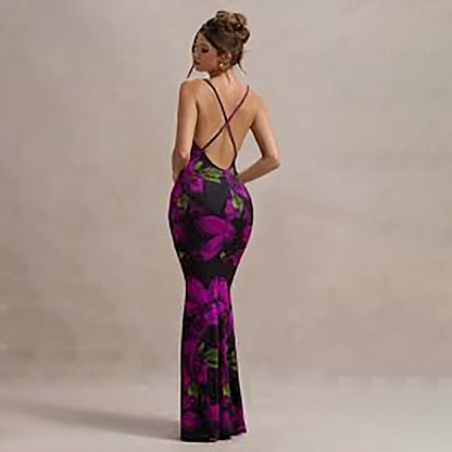 Women Dress Floral Print Cross Shoulder Strap Backless Slim Fit Inner Dress by Ragazza