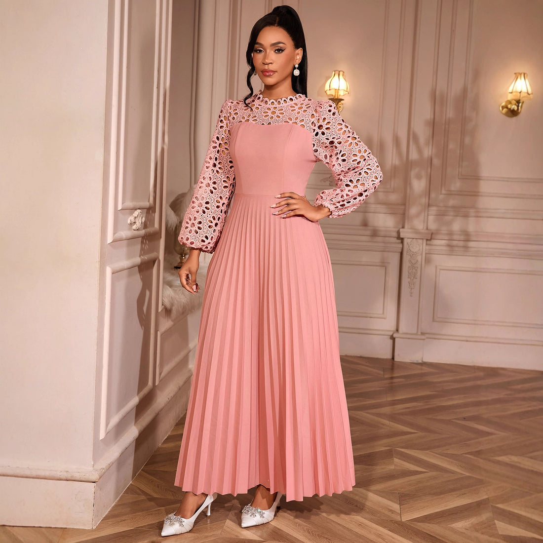 Elegant Lace Lantern Sleeve Dress Hollow Out Cutout out Long Sleeve Cinched Pleated Swing Party Dress by Ragazza