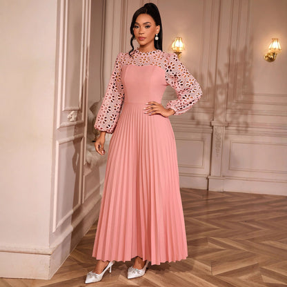 Elegant Lace Lantern Sleeve Dress Hollow Out Cutout out Long Sleeve Cinched Pleated Swing Party Dress by Ragazza