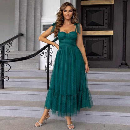Fashionable Women Clothing Evening Dress Lace up Shoulder Pleated Hem Mesh Dress by Ragazza