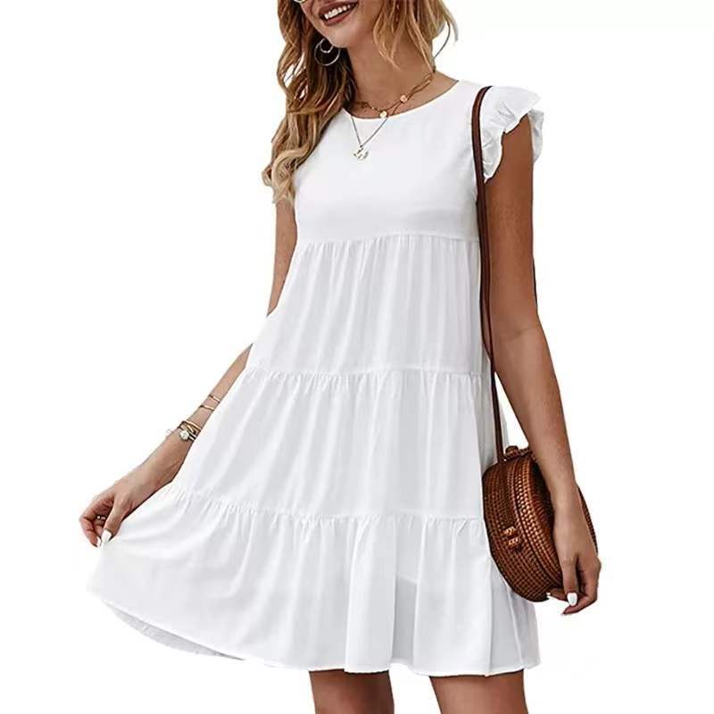 Summer Solid Color round Neck Short Sleeves Dress Casual Tiered Dress Pleated Large Swing Dress by Ragazza