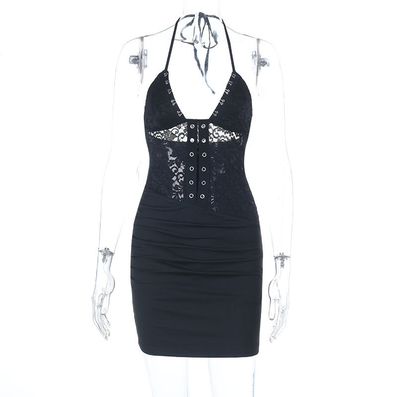 Sexy Lace Sling Dress Summer V neck Backless Lace up Sheath Dress  DestGlow