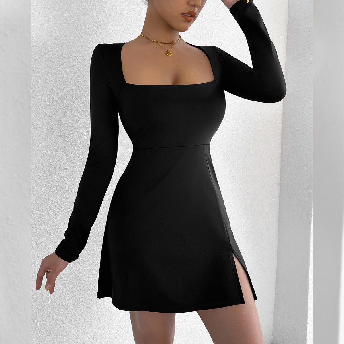 Women Clothing Square Collar Tight Long Sleeve Slit Flared Mini Sexy Dress by Ragazza
