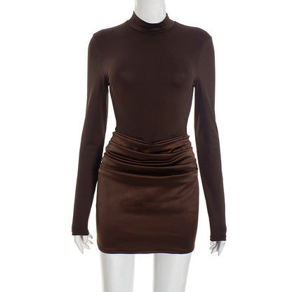 Women Clothing Autumn Winter Graceful Fashionable Half Turtleneck Tight Expensive Satin Pleated Dress by Ragazza