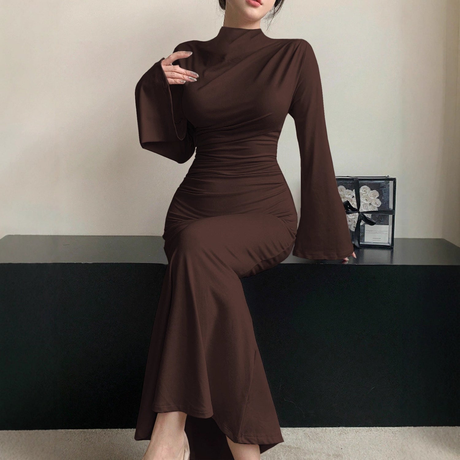 Sexy Minimalist Dress Slim Fit Wild Bell Sleeve Half Turtleneck Sheath Dress by Ragazza