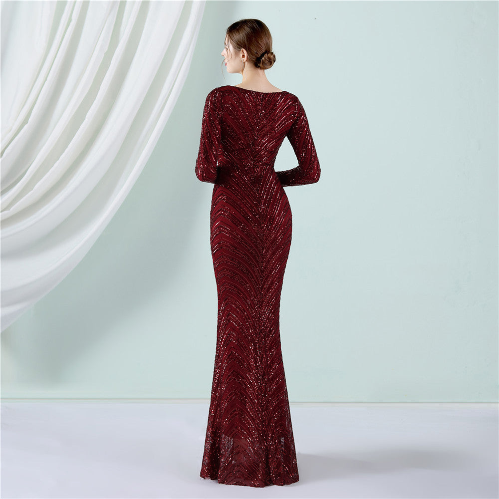 Positioning Floral Sequin Evening Dress Women Banquet Elegant Long Sleeve Sequined Queen Fishtail Dress by Ragazza