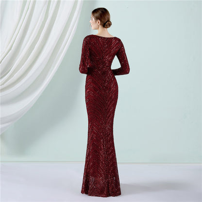 Positioning Floral Sequin Evening Dress Women Banquet Elegant Long Sleeve Sequined Queen Fishtail Dress by Ragazza