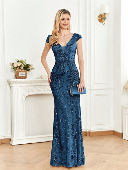 Sequined Champagne Evening Dress Women Cocktail Sexy Slim Fit Fishtail Long Toast Dress by Ragazza
