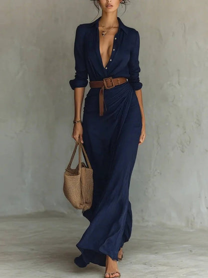 Women Clothing Autumn Elegant Graceful Sexy Solid Color Irregular Asymmetric Pleated Dress with Belt by Ragazza