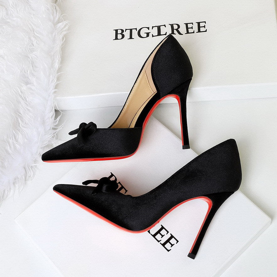 Sexy Red Bottom Stilettos Bow Side Empty High Heels Pointed Toe Cocktail Pumps Women  DestGlow