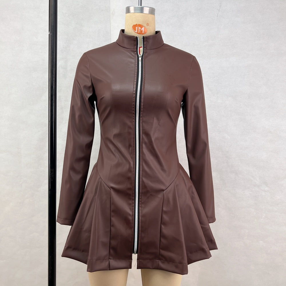 Women Fashionable Fitted Long Sleeve Pleated Faux Leather Zipper Dress by Ragazza