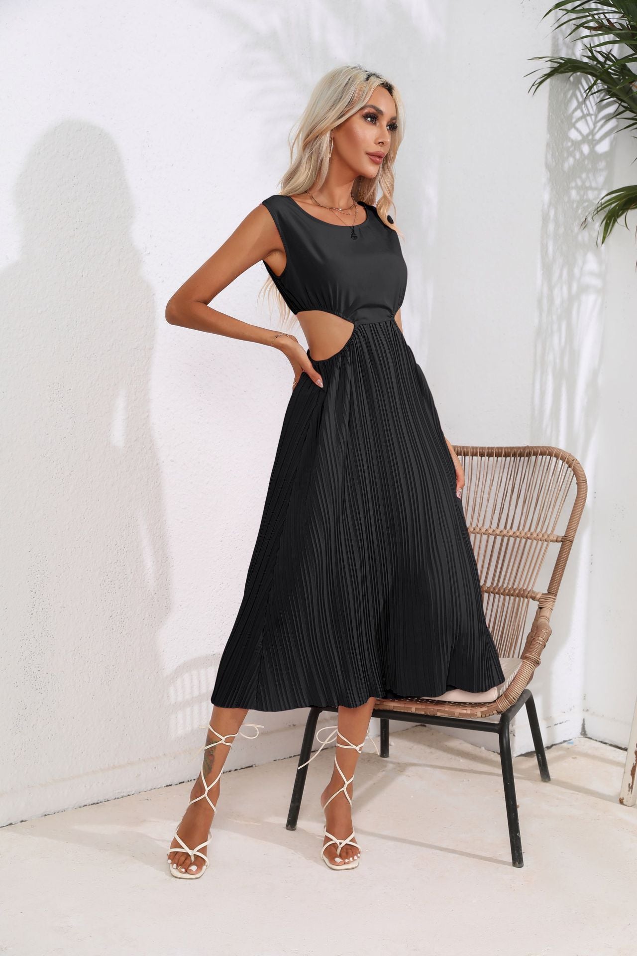 Hollowed Out Cropped Outfit Pleated Dress Sleeveless Swing Mid Length Vest Dress Women Women Clothing by Ragazza