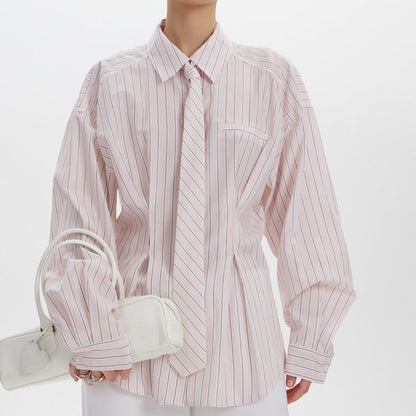 Office Printed Striped Shirt Women Polo Collar Long Sleeve Tie Cinched Blouse by Ragazza