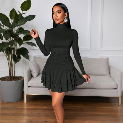 Turtleneck Slim Knit Dress Women Black Waist Indirect Pleated Double Layer Ruffled Short Dress by Ragazza