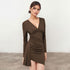 Design Pleated Slim Dress Women Autumn Winter Dark Brown V neck Long Sleeve Narrow Split Dress by Ragazza